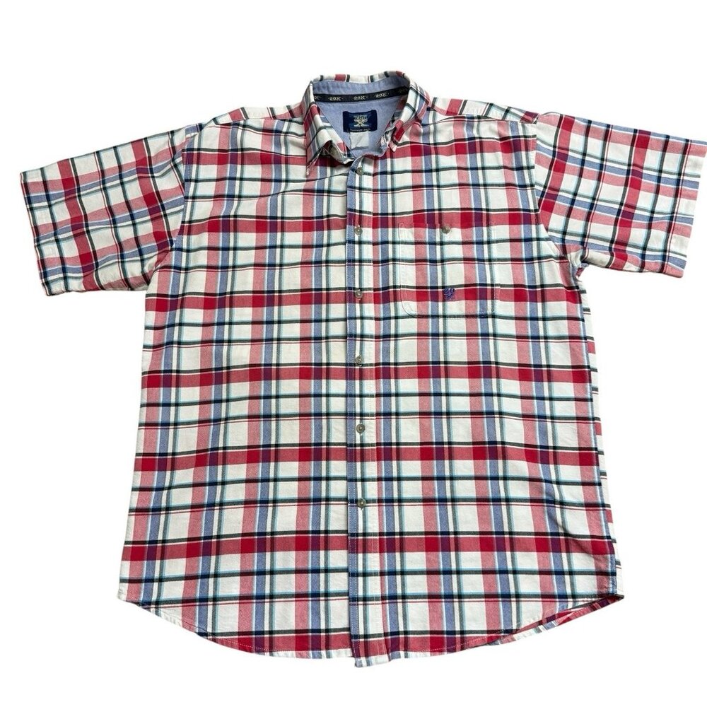 WRANGLER 20X SHIRT RED WHITE BLUE PLAID SHORT SLEEVE BUTTON UP CASUAL WORK MENS